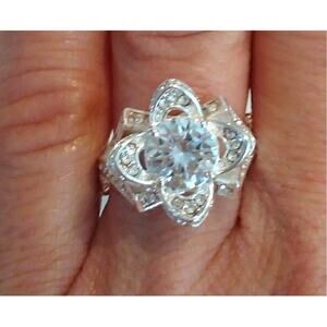 Ring 925 Silver Sz 6 Flower Simulated Diamonds FLEUR de Lis Blossom Clover FANCY